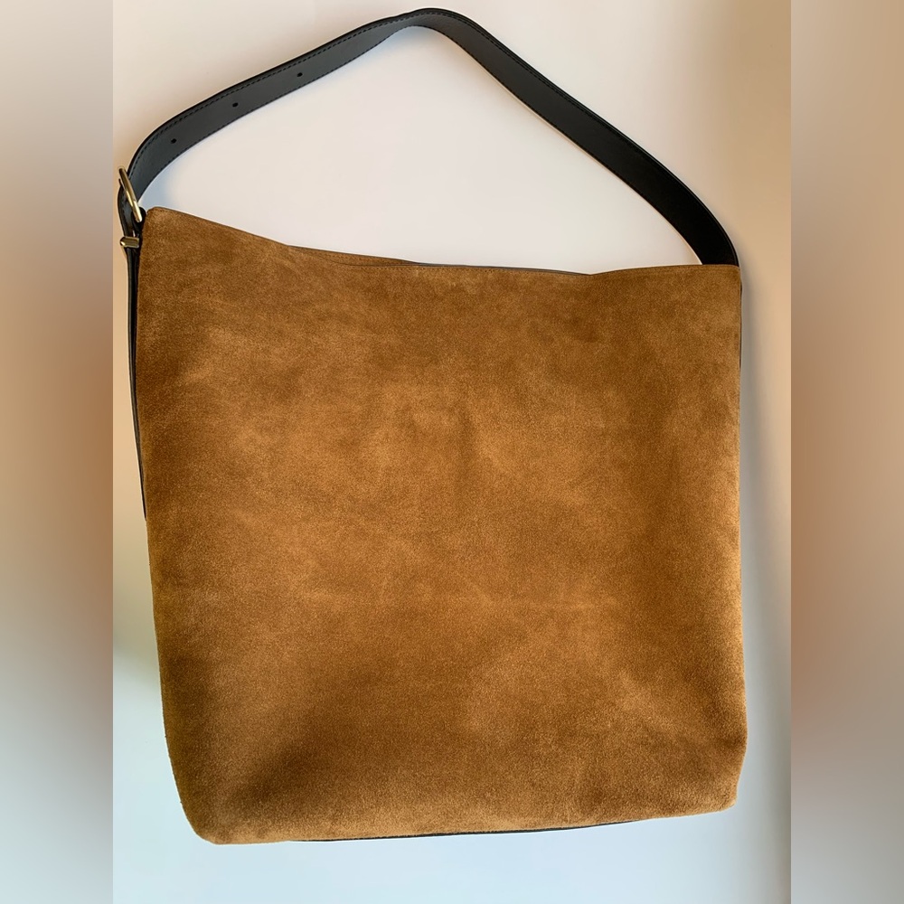 Madewell Extra-Large Essentials Aged Cognac Suede Black Leather Bucket Tote - Picture 7 of 16